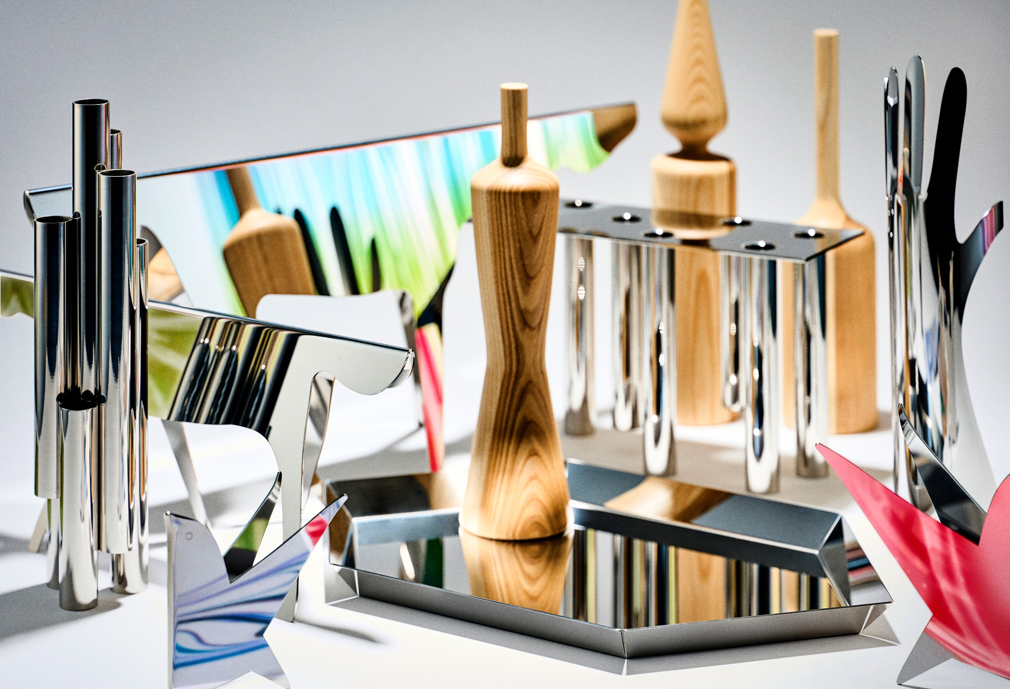 Silver objects by Gio Ponti including hand, tray and candle holder